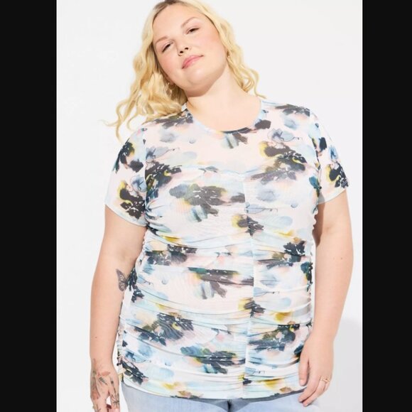 Stretch Mesh Crew Neck Ruched Top NWT - Picture 3 of 3